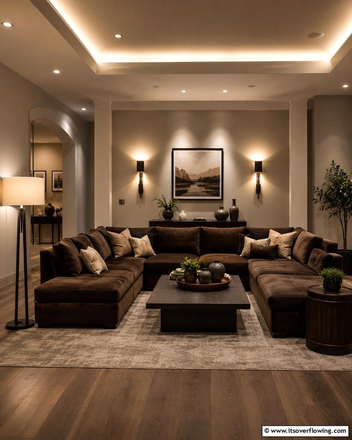 Layered Lighting for Mood - 30 Warm Dark Brown Couch Styling Ideas for Cozy Living Rooms