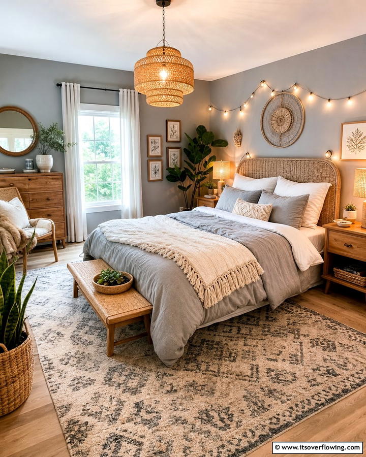 Layered Lighting for Versatility - 20 Grey Boho Bedroom Ideas for a Cozy Vibe