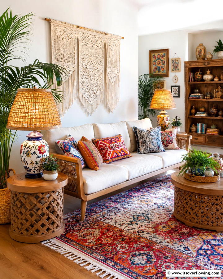 Layered Lighting with Table Lamps - 25 Colorful Boho Living Room Ideas for a Vibrant Space