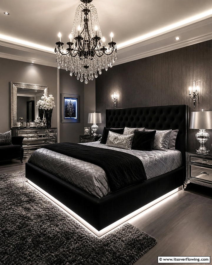 Layered Lighting - 20 Black and Silver Bedroom Ideas for a Sleek Aesthetic