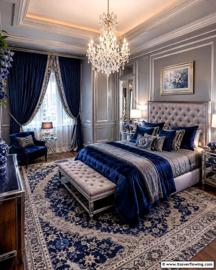 Layered Luxe Look - 30 Calming Blue and Grey Bedroom Ideas for Relaxing Retreats