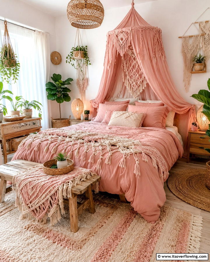Layered Macrame and Cozy Canopies - 30 Pink Boho Bedroom Ideas for a Chic and Cozy Retreat