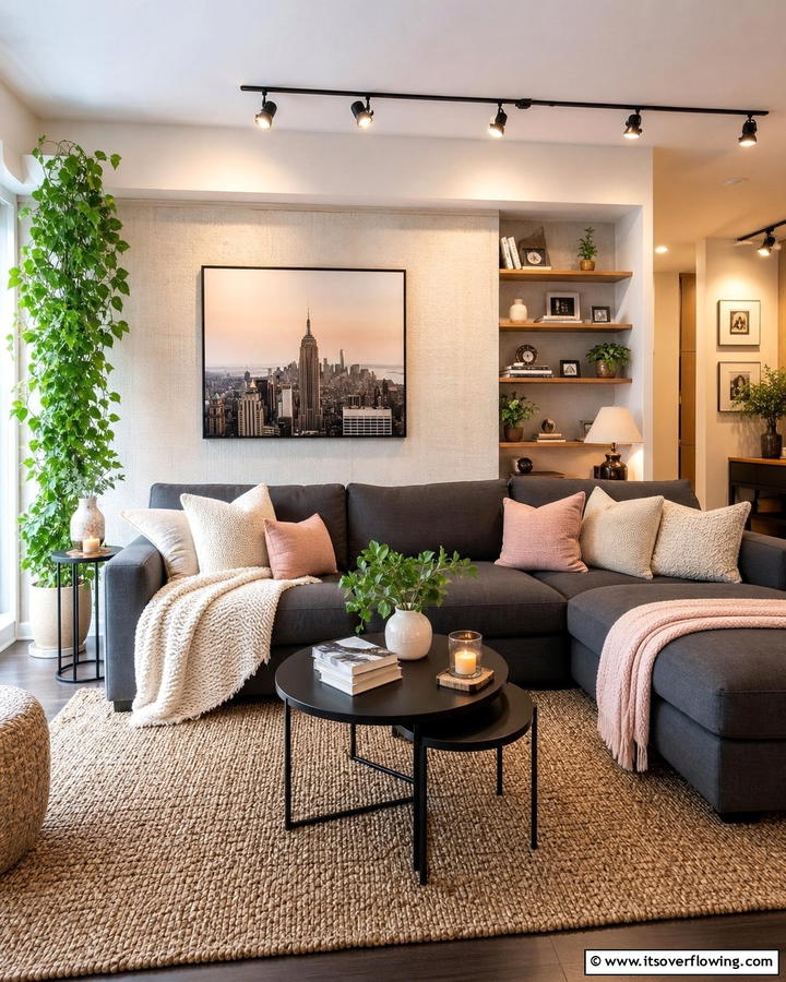 Layered Modern Comfort - 21 Dark Grey Couch Living Room Styling Ideas