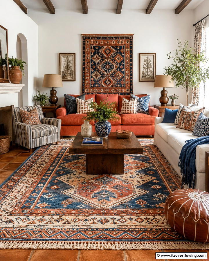 Layered Patterned Textures - 30 Mediterranean Living Room Ideas- Warm & Inviting Spaces