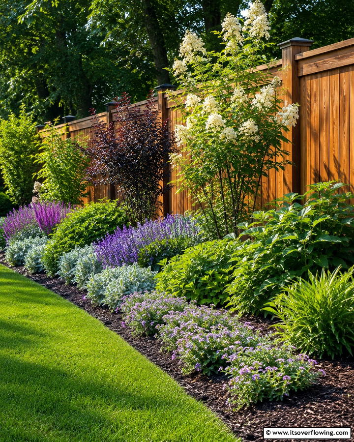 Layered Plant Heights - 30 Simple Fence Line Landscaping Ideas for Curb Appeal