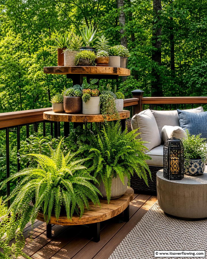 Layered Plant Stands for Dimension - 25 Deck Decorating Ideas With Plants for a Lush Outdoor Space