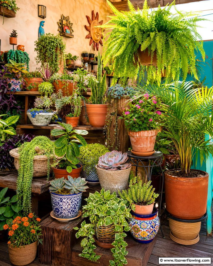 Layered Potted Plants - 25 Enchanting Boho Garden Ideas for Outdoor Bliss