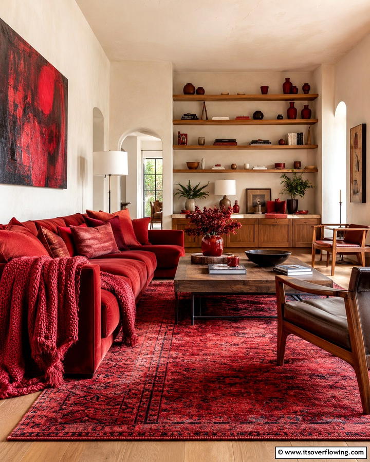 Layered Red Textures - 30 Red Living Room Ideas for Bold and Vibrant Spaces