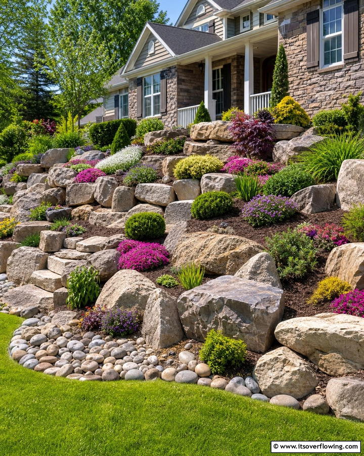 Layered Rock Displays - 21 Front Yard Landscaping Ideas With Rocks and Mulch