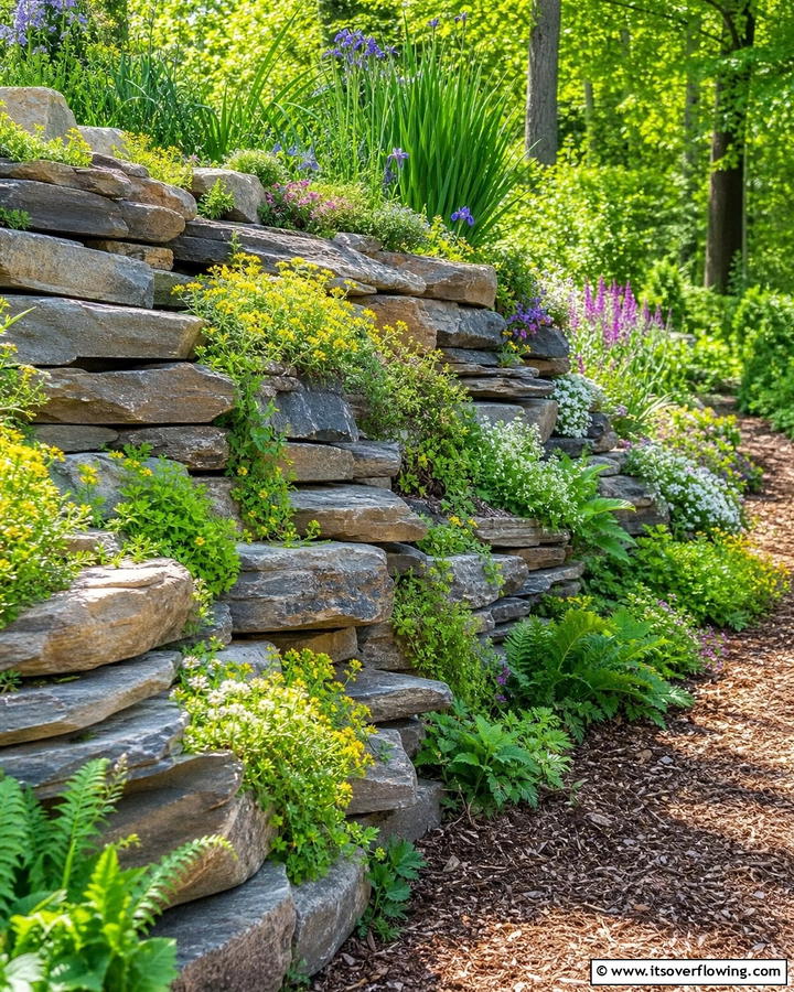 Layered Rock Wall with Native Plants - 20 Natural Rock Retaining Wall Ideas for a Stunning Yard