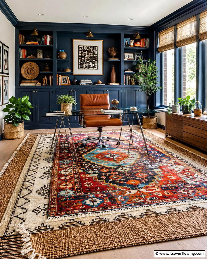 Layered Rug and Textured Flooring Office - 30 Bohemian Home Office Ideas for Eclectic Workspace Vibes