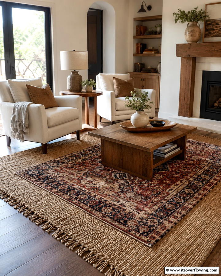 Layered Rugs - 25 Joanna Gaines Living Room Ideas for Farmhouse Style