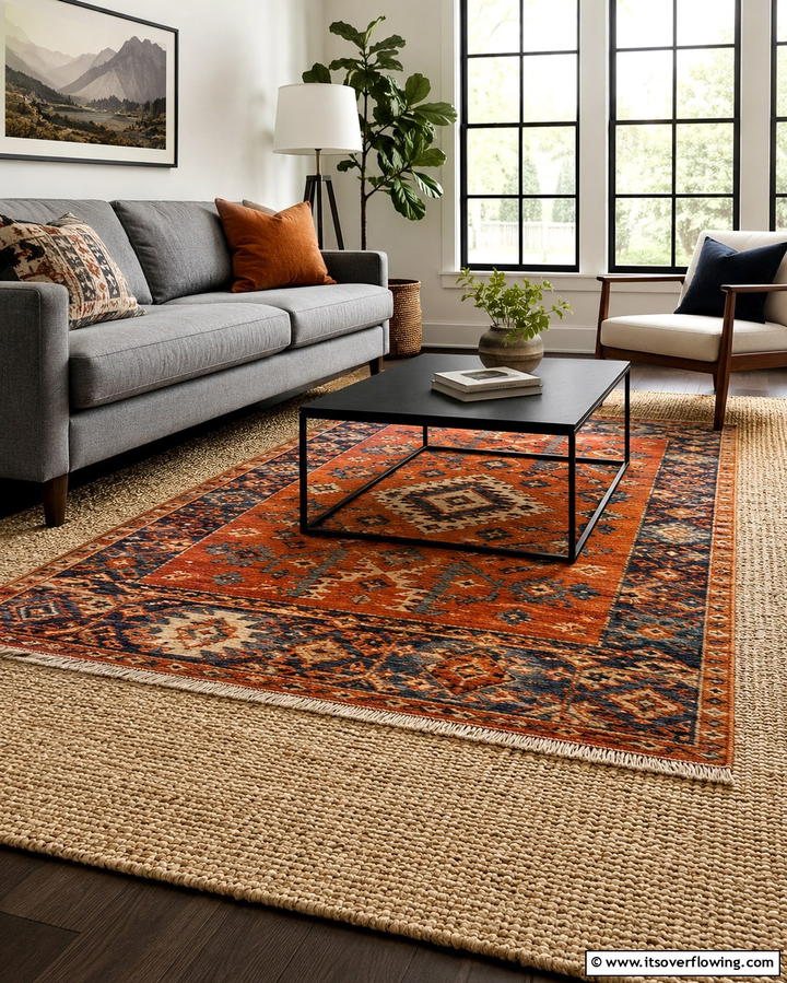 Layered Rugs - 25 Orange and Blue Living Room Ideas for a Bold Look
