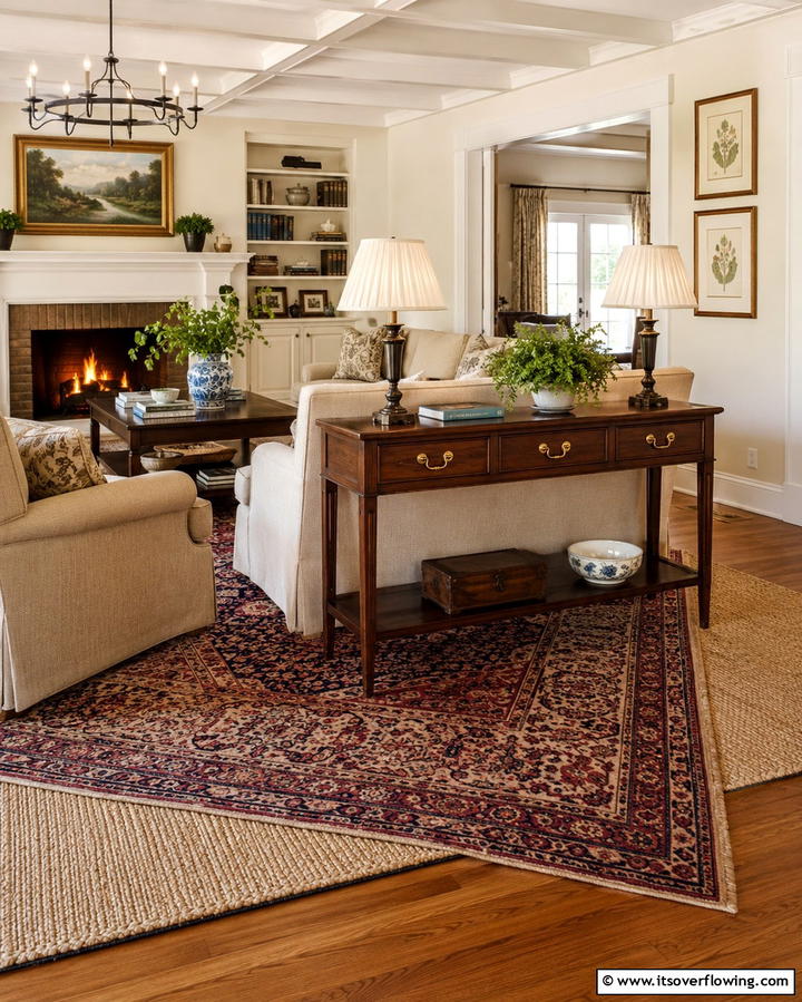 Layered Rugs Beneath the Table - 25 Sofa Table Decor Ideas to Elevate Your Space