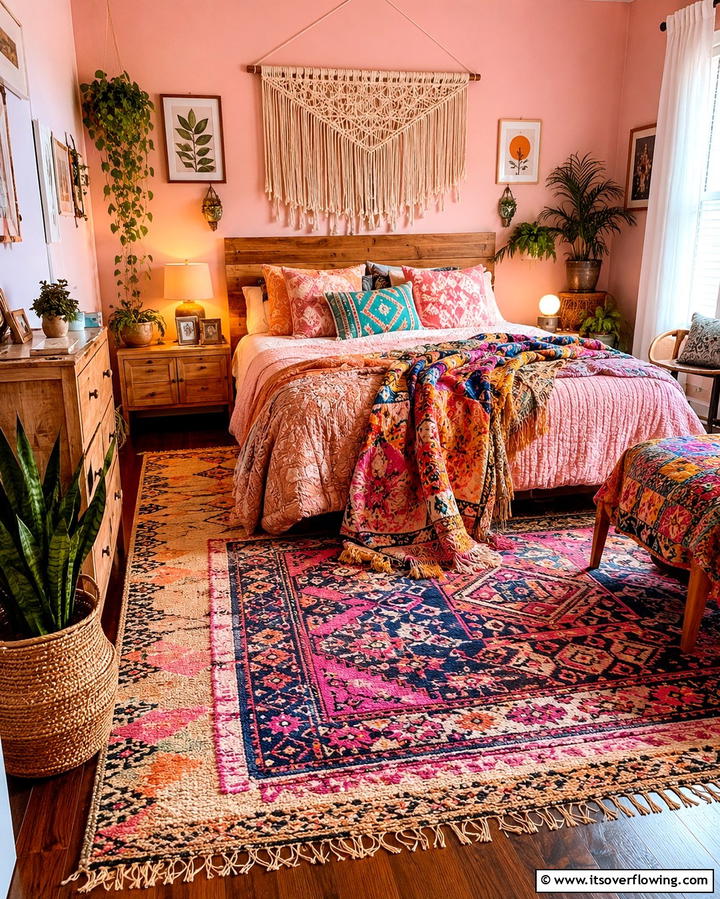 Layered Rugs and Cozy Throws - 30 Pink Boho Bedroom Ideas for a Chic and Cozy Retreat
