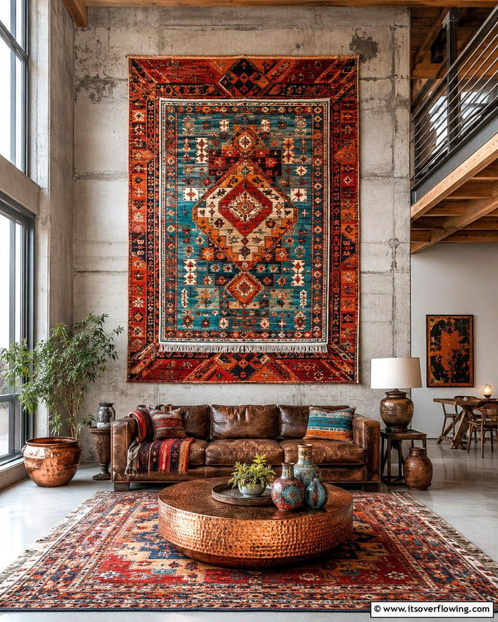 Layered Rugs as Wall Art - 30 High Ceiling Wall Decor Ideas for Tall Interior Spaces