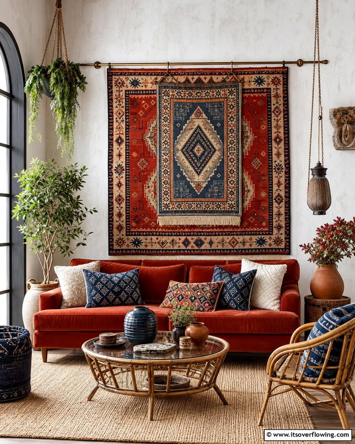 Layered Rugs as Wall Hangings - 25 Boho Wall Decor Ideas for a Vibrant and Artistic Home