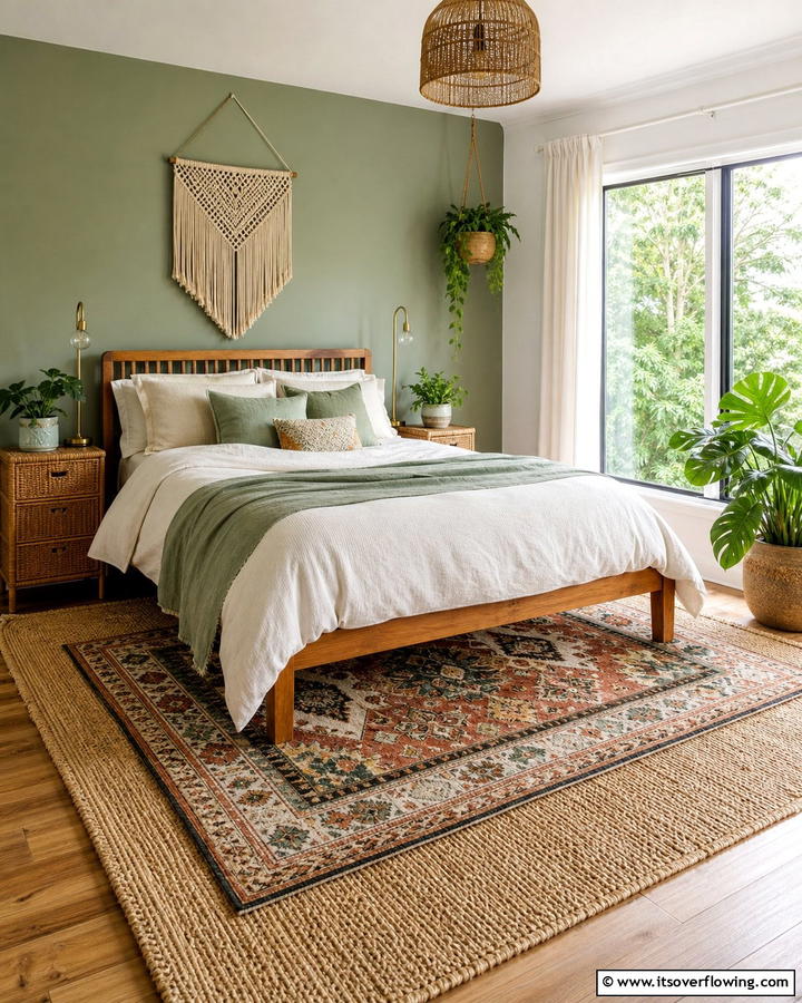 Layered Rugs for Added Texture - 25 Boho Sage Green Bedroom Ideas for a Serene Retreat