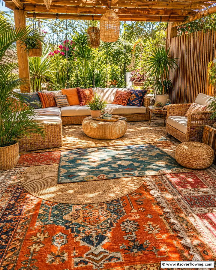 Layered Rugs for Added Texture - 25 Cozy Boho Patio Ideas for Relaxing Outdoor Spaces