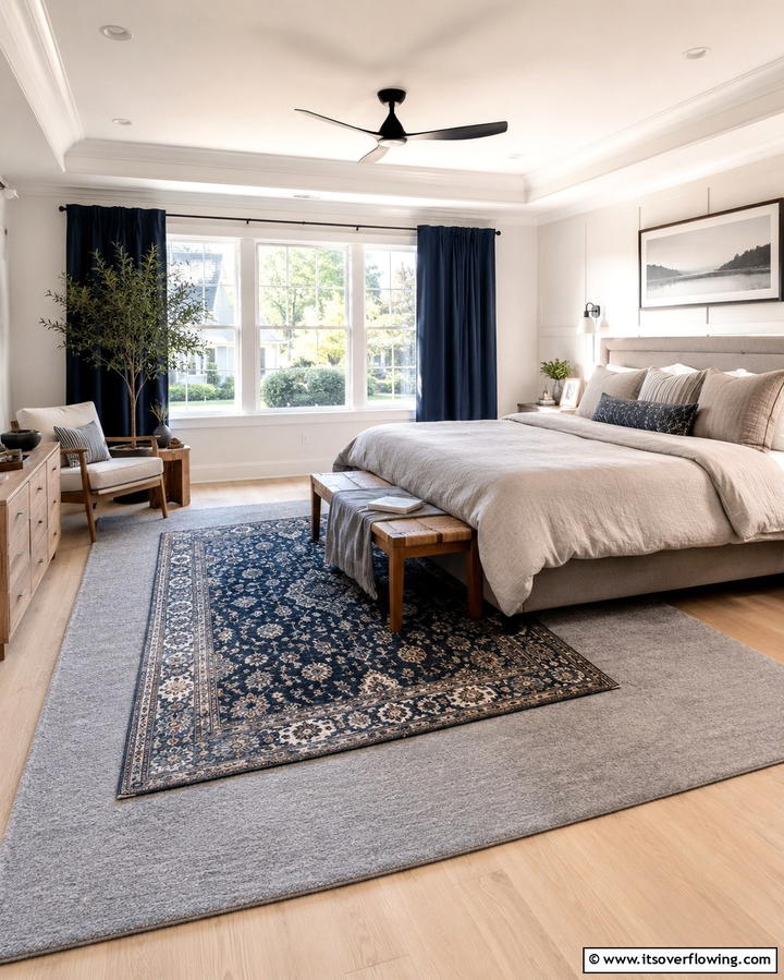 Layered Rugs for Added Texture - 25 Navy Blue and Grey Bedroom Ideas for Modern Style