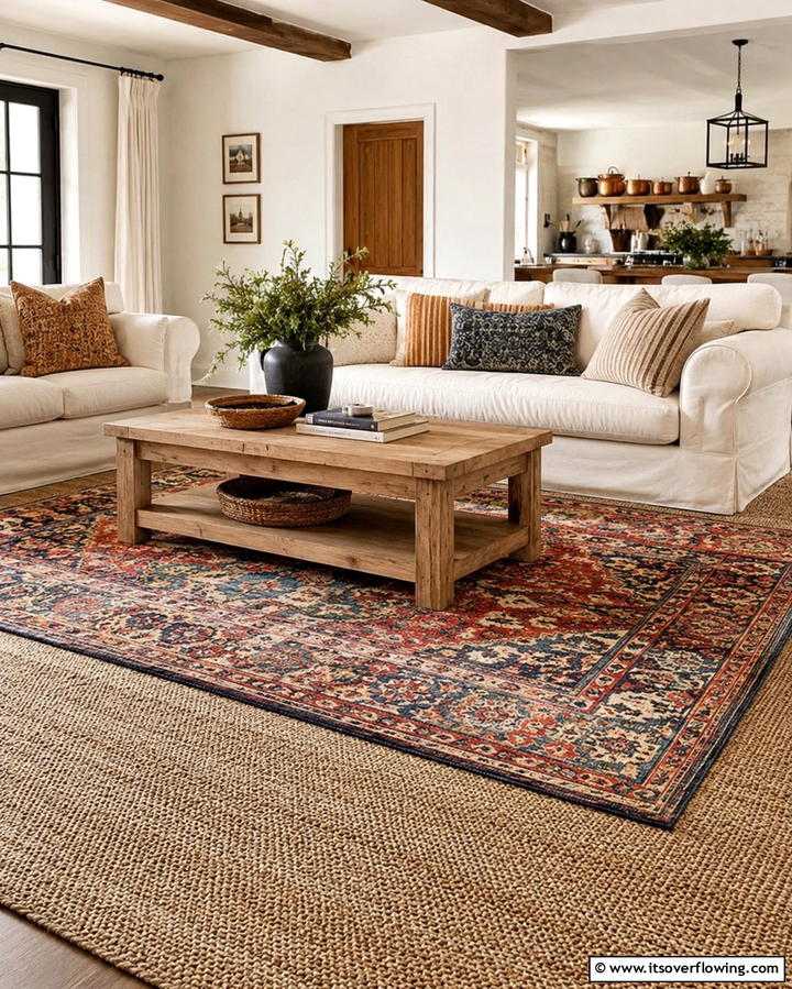 Layered Rugs for Depth - 25 Joanna Gaines Living Room Ideas for Farmhouse Style