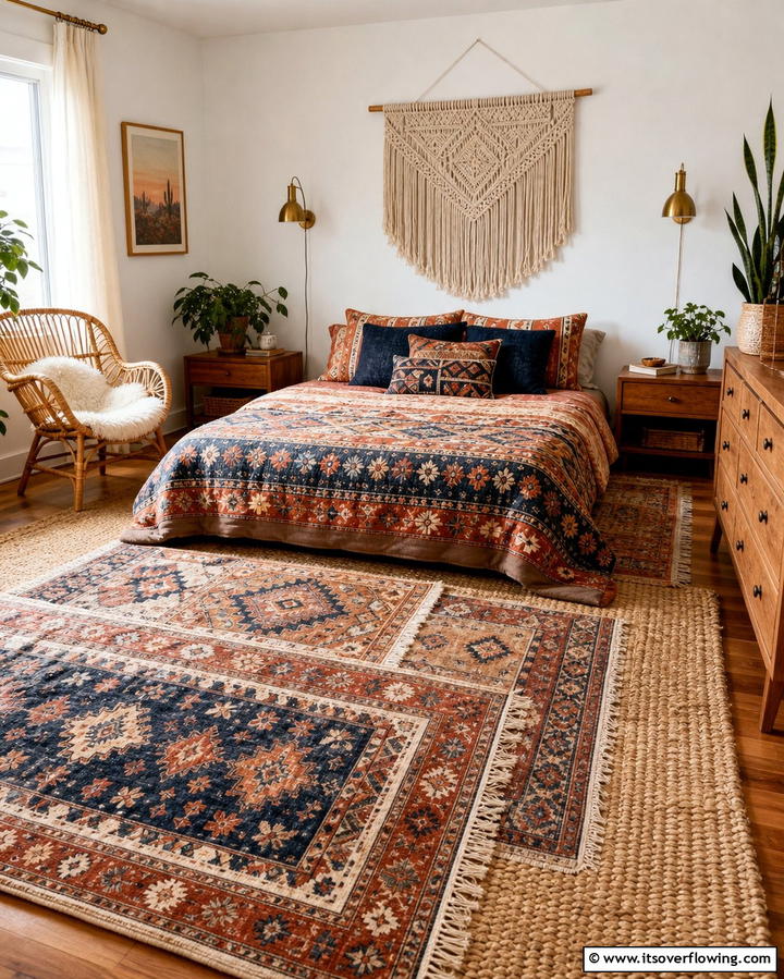 Layered Rugs for Dimension - 25 Colorful Boho Bedroom Ideas for a Cozy Retreat