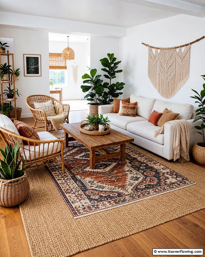 Layered Rugs for Extra Coziness - 20 Neutral Boho Living Room Ideas for a Relaxing Vibe