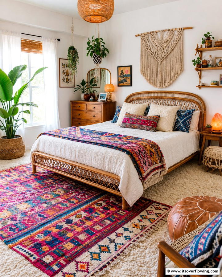 Layered Rugs for Textural Depth - 25 Colorful Boho Bedroom Ideas for a Cozy Retreat