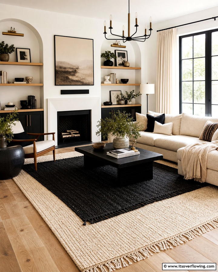 Layered Rugs for Texture - 25 Cream and Black Living Room Ideas for Elegance