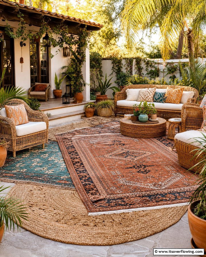 Layered Rugs for Texture and Warmth - 25 Cozy Boho Patio Ideas for Relaxing Outdoor Spaces