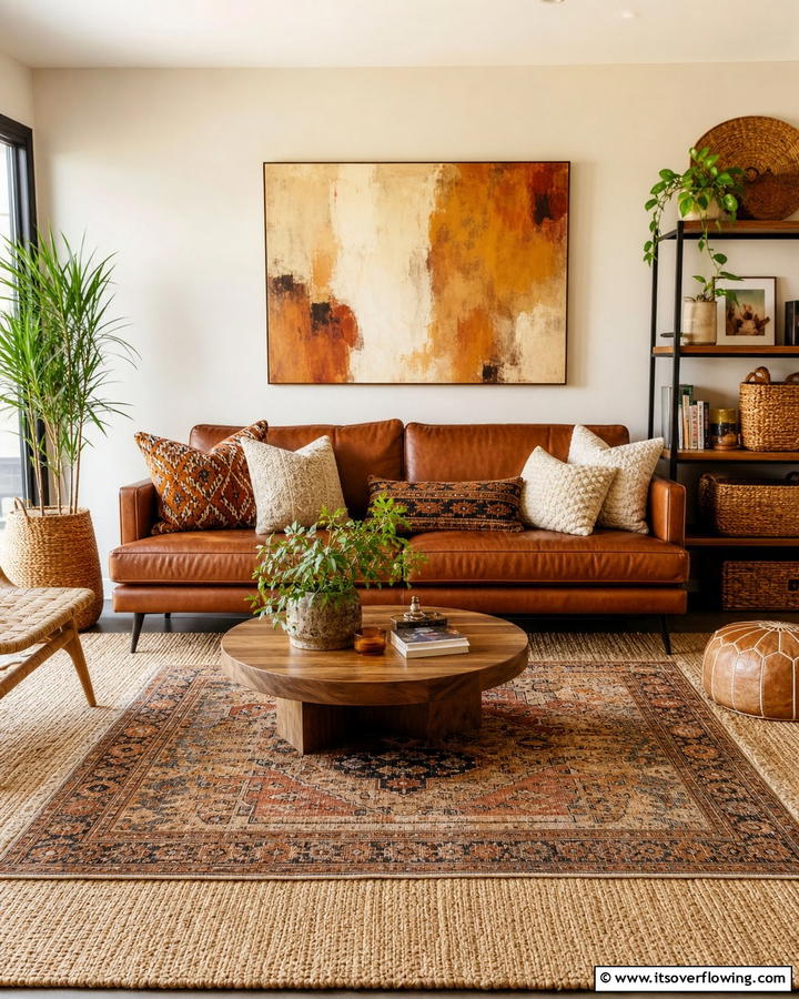 Layered Rugs for Visual Interest - 25 Brown Leather Couch Living Room Ideas