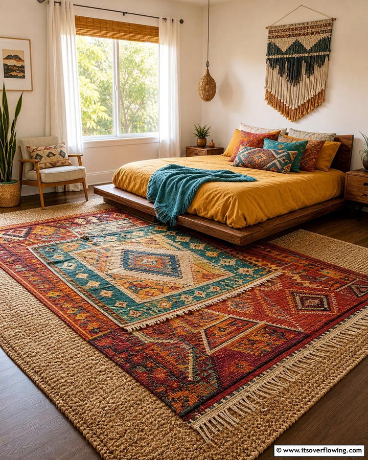 Layered Rugs for Visual Interest - 20 Cozy Small Boho Bedroom Design Ideas