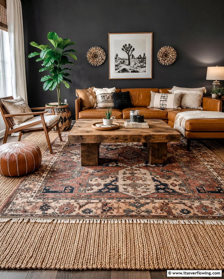 Layered Rugs for a Lush Look - 25 Moody Boho Living Room Ideas for a Cozy Vibe
