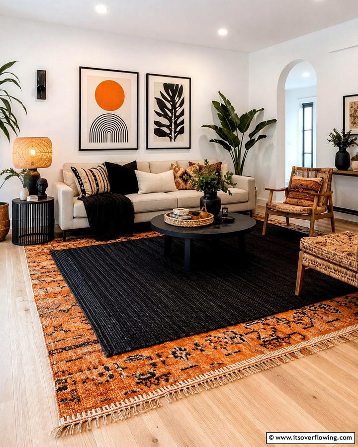 Layered Rugs in Black and Orange - 25 Black and Orange Living Room Ideas for a Bold Statement