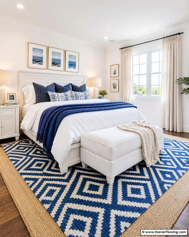 Layered Rugs in Blue and White - 25 Blue and White Bedroom Ideas for a Calming Space