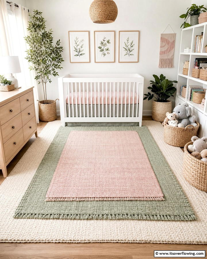 Layered Rugs in Complementary Colors - 20 Pink and Green Nursery Ideas for a Sweet Retreat