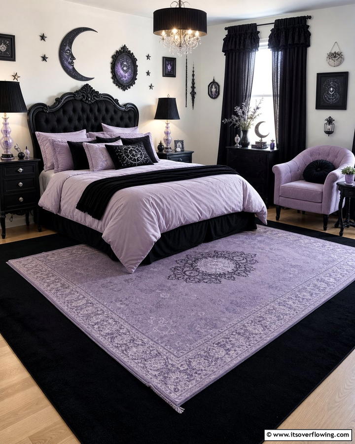 Layered Rugs in Contrasting Colors - 20 Pastel Goth Bedroom Ideas for a Unique Aesthetic