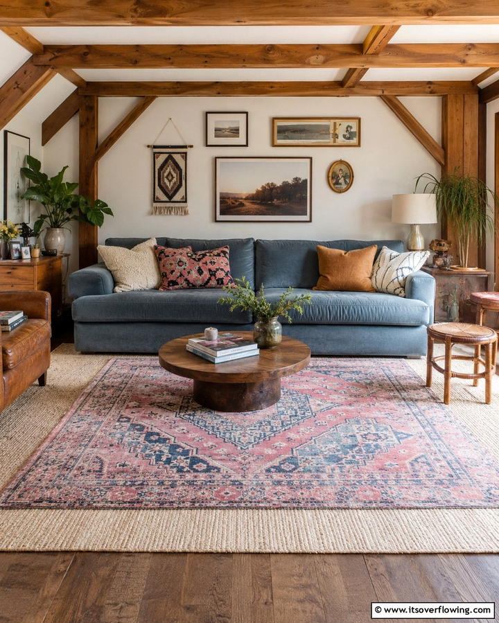 Layered Rugs in Pink and Blue - 25 Pink and Blue Living Room Ideas for a Vibrant Space