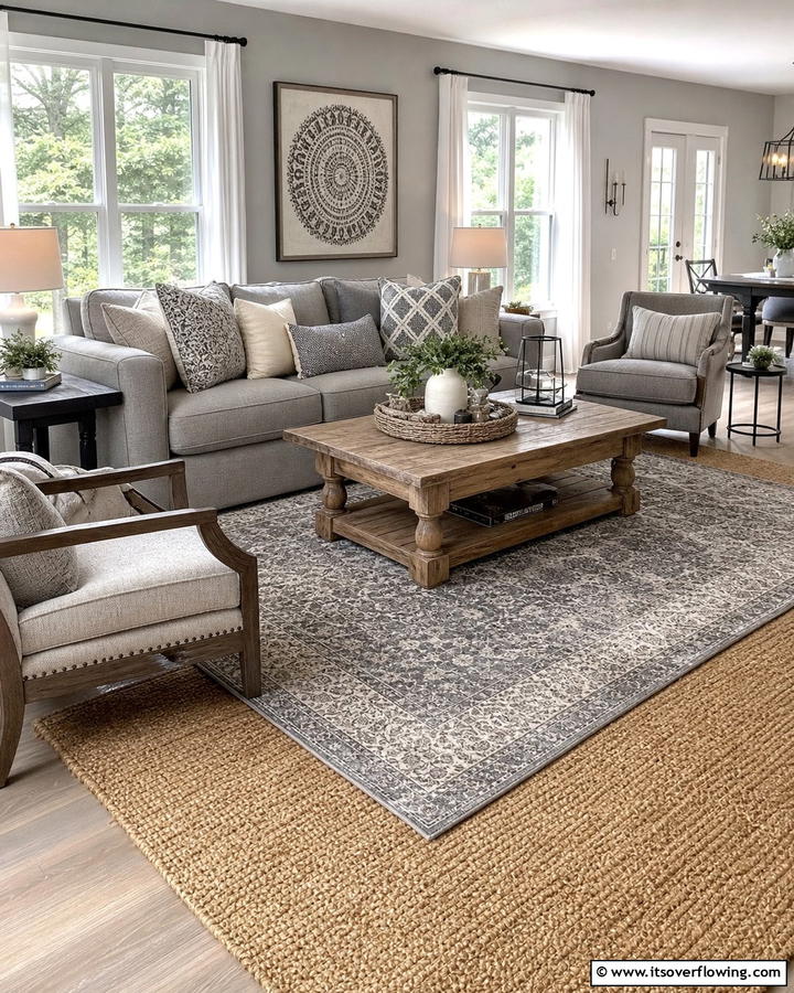 Layered Rugs in a Gray Room - 21 Gray Living Room Ideas to Elevate Neutral Decor