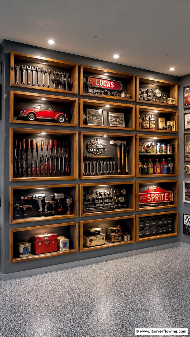 Layered Shadow Boxes - 30 Garage Wall Ideas for Organized, Functional Spaces