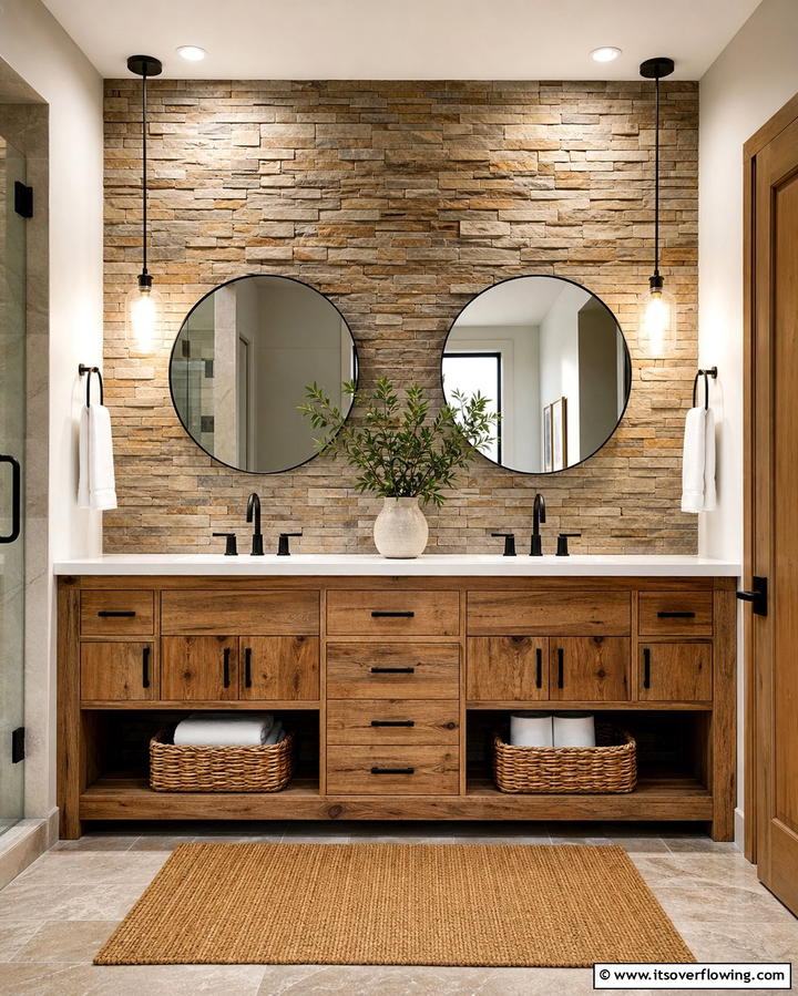 Layered Stone Backsplashes - 25 Stone Bathroom Ideas for a Rustic and Elegant Look