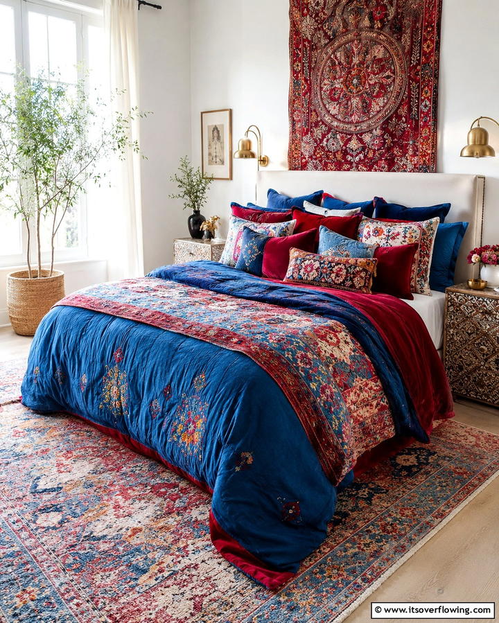 Layered Textiles and Pillows - 25 Moroccan Themed Bedroom Ideas for an Exotic Escape
