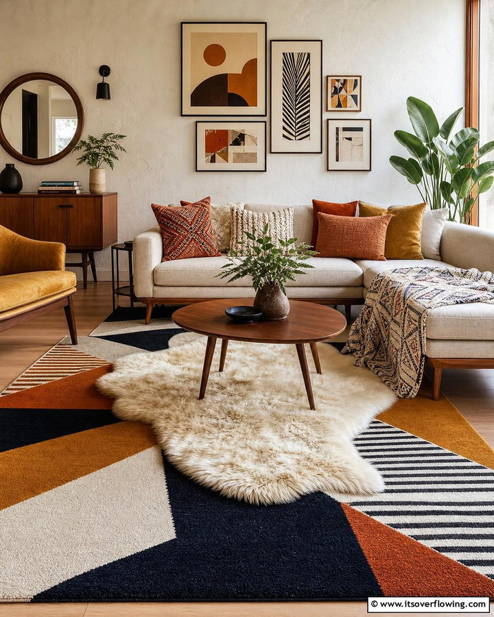 Layered Textiles and Rugs - 21 Mid-Century Modern Living Room Ideas- Timeless Style