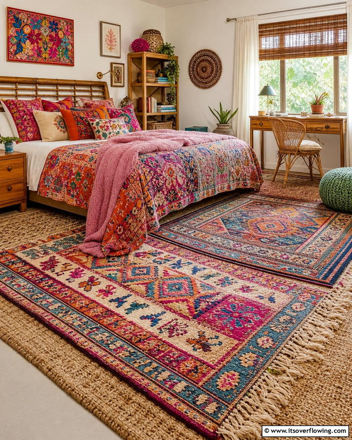 Layered Textiles and Rugs - 20 Girls Boho Bedroom Ideas for a Chic and Relaxing Space