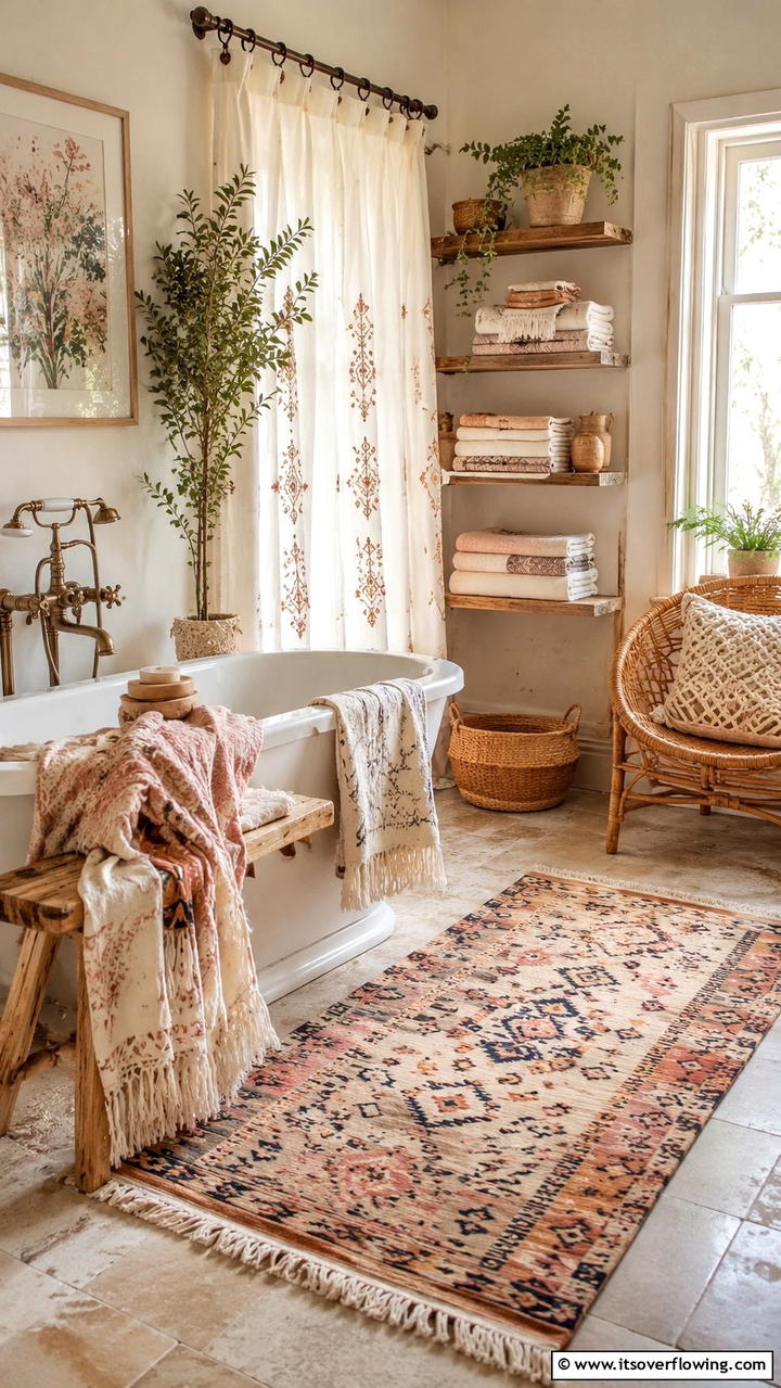 Layered Textiles and Throws - 30 Boho Bathroom Ideas for Relaxed, Global-Inspired Style