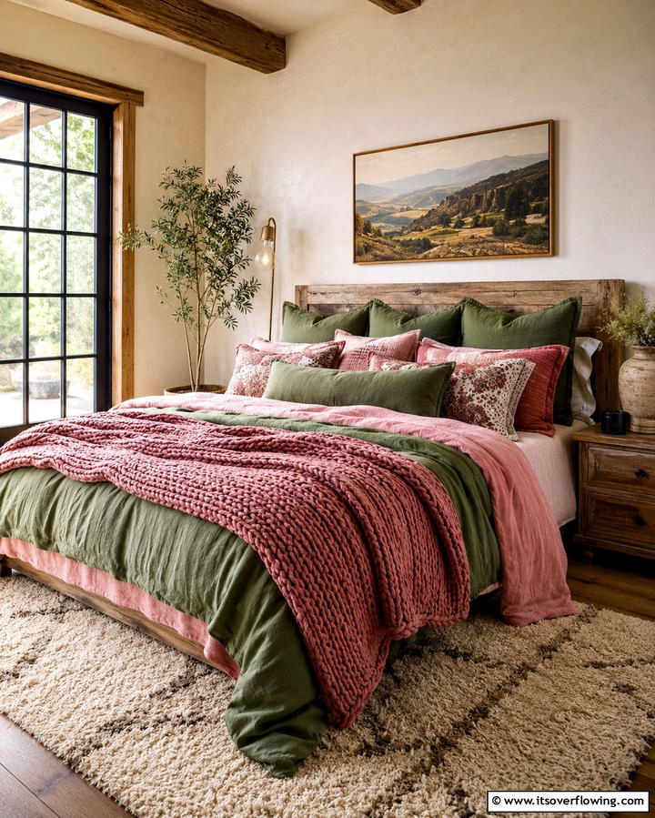 Layered Textiles for Cozy Comfort - 25 Pink and Green Bedroom Ideas for a Fresh Look