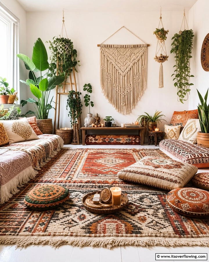 Layered Textiles for Warmth and Comfort - 20 Boho Meditation Room Ideas- Tranquil Retreats