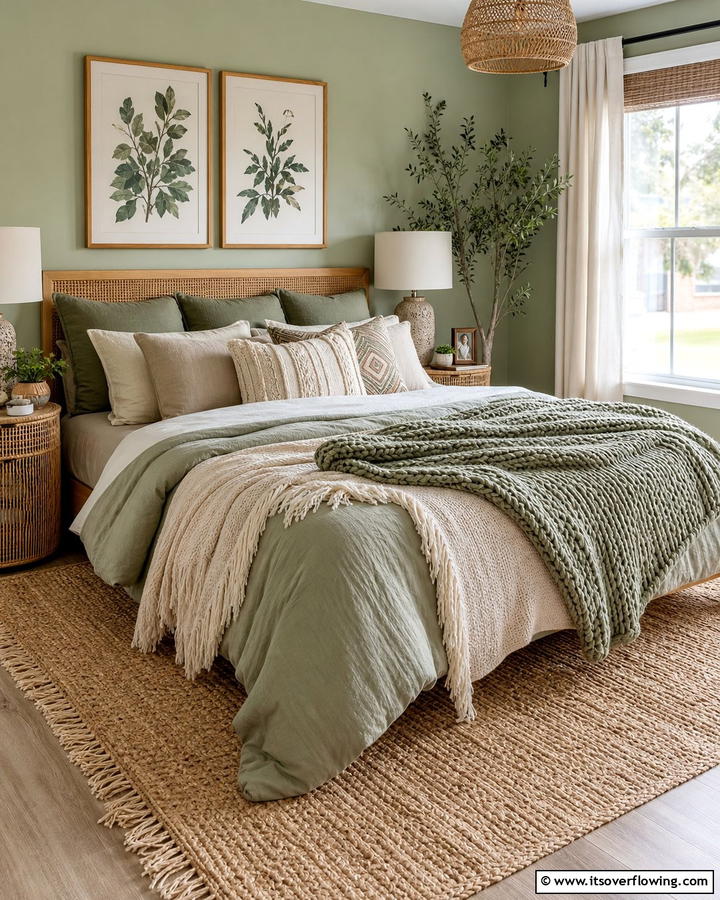 Layered Textiles in Neutral Tones - 25 Boho Sage Green Bedroom Ideas for a Serene Retreat