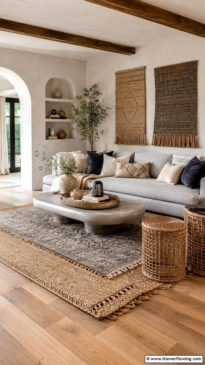 Layered Texture Elegance - 30 Grey and Beige Living Room Ideas- Warm Minimalist Designs