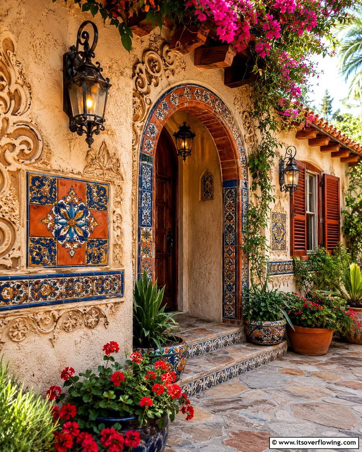 Layered Textured Walls - 30 Spanish Style Front Porch Ideas for Mediterranean Charm